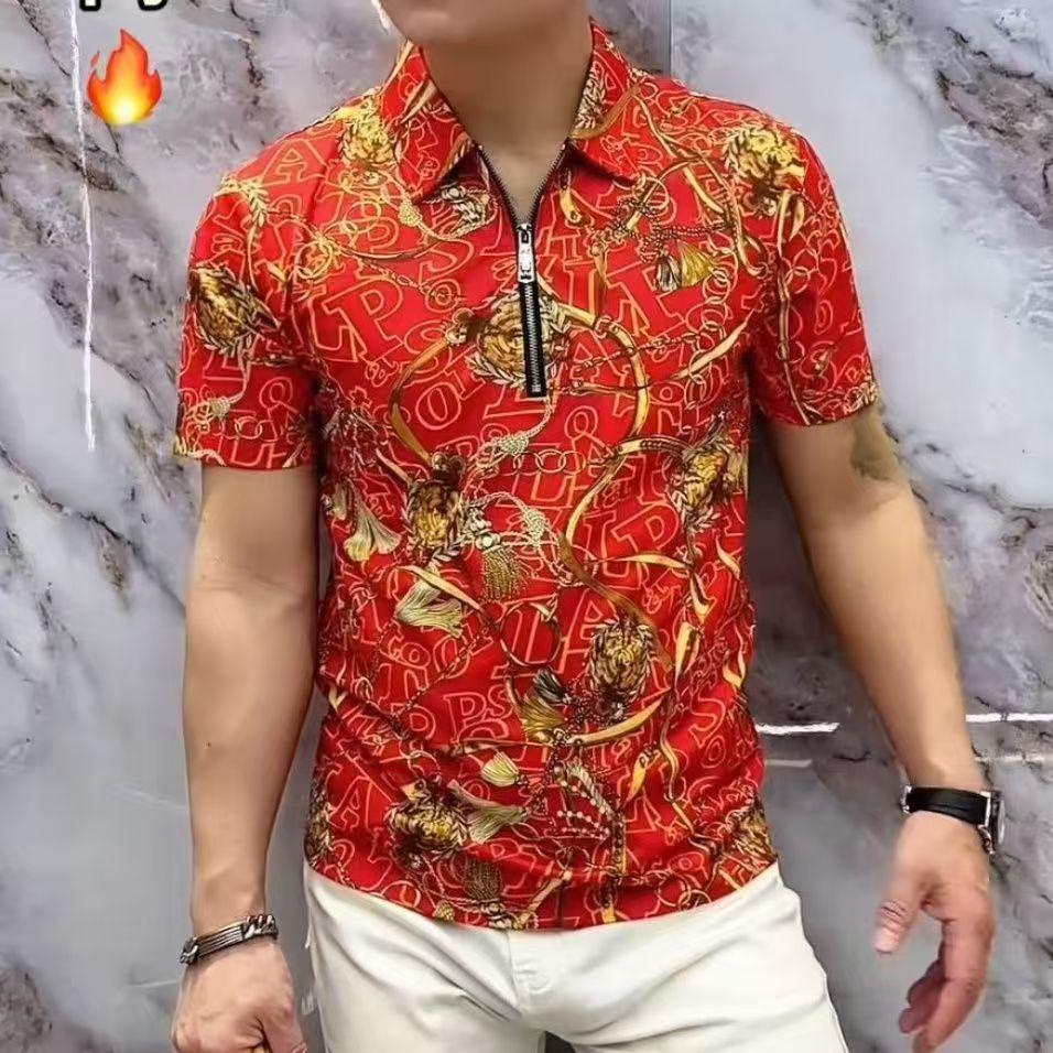 2025 Summer New Short Sleeve Men's Casual Trendy Printed High Elasticity Non-Iron Shirt Men's Zipper Short Sleeve