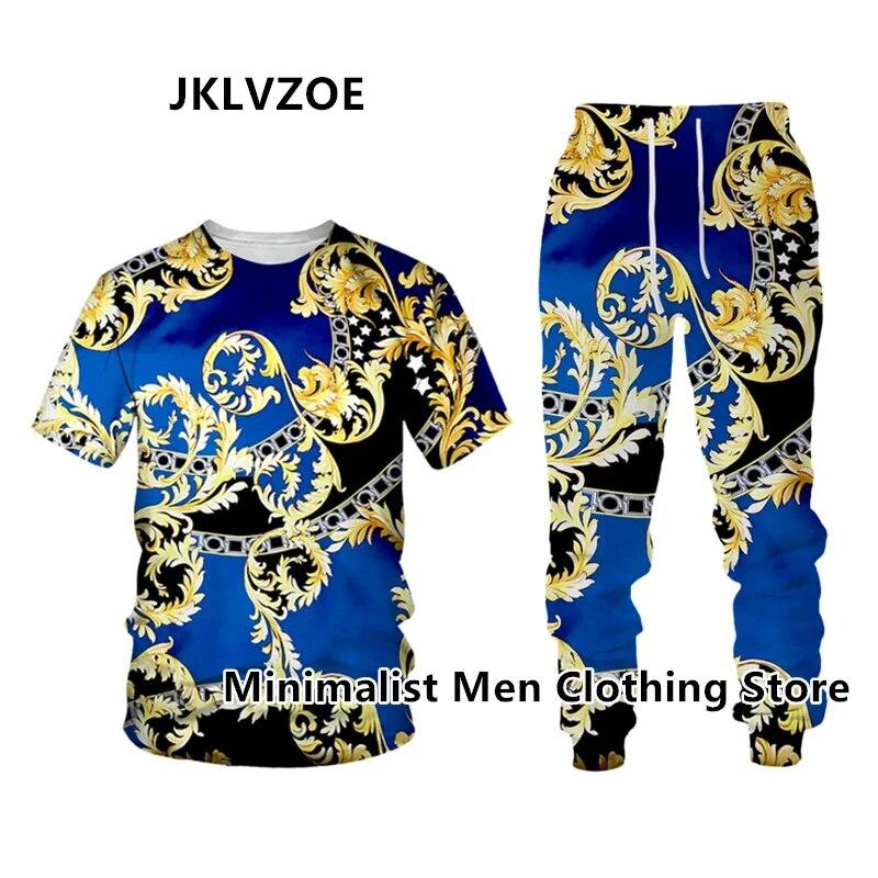 Мужской спортивный костюм, элитный бренд, футболка с коротким рукавом + длинные брюки, комплект из 2 предметов с золотистым 3D принтом, спортивная одежда для бега, повседневная уличная одежда