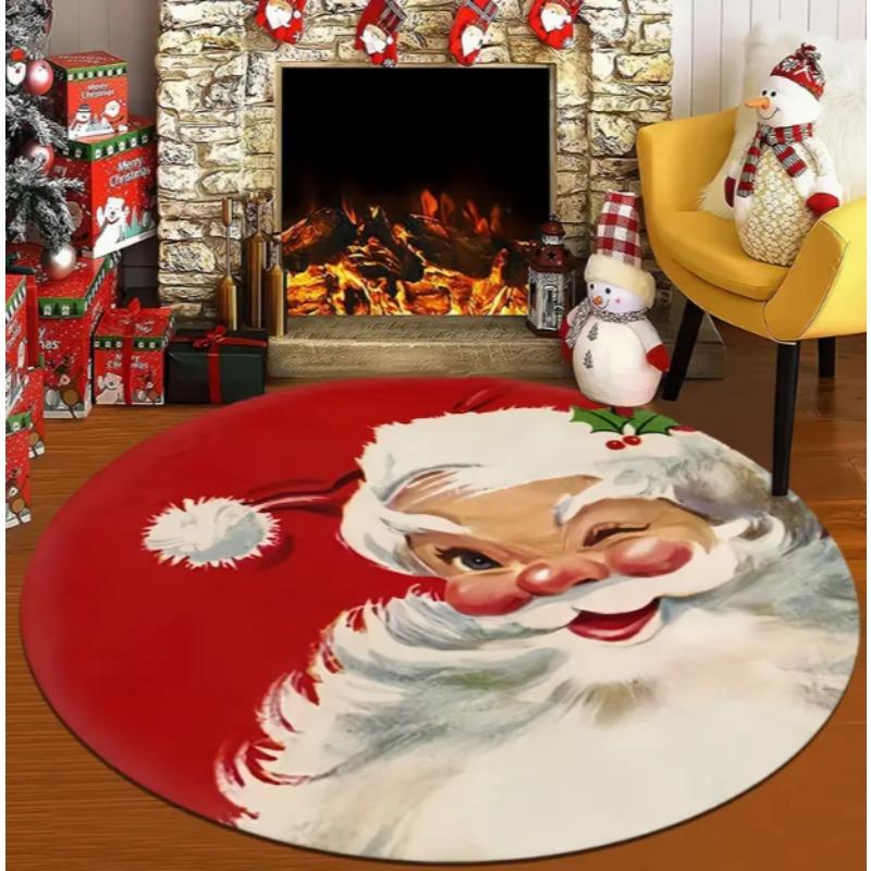 Santa Claus Circular Carpet Soft Washable with Anti Slip Bottom Living Room Bedroom Home Decoration Perfect Christmas Decoration