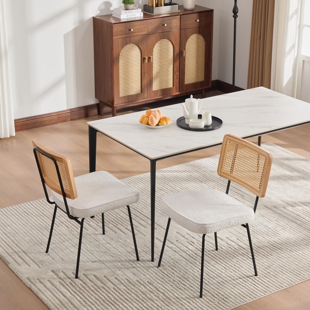 Modern Dining Chair, Set of 2, Chenille Upholstery, without Armrests, Solid Wood Frame on the Backrest, Rattan Look, Adjustable Metal Feet-Ivory