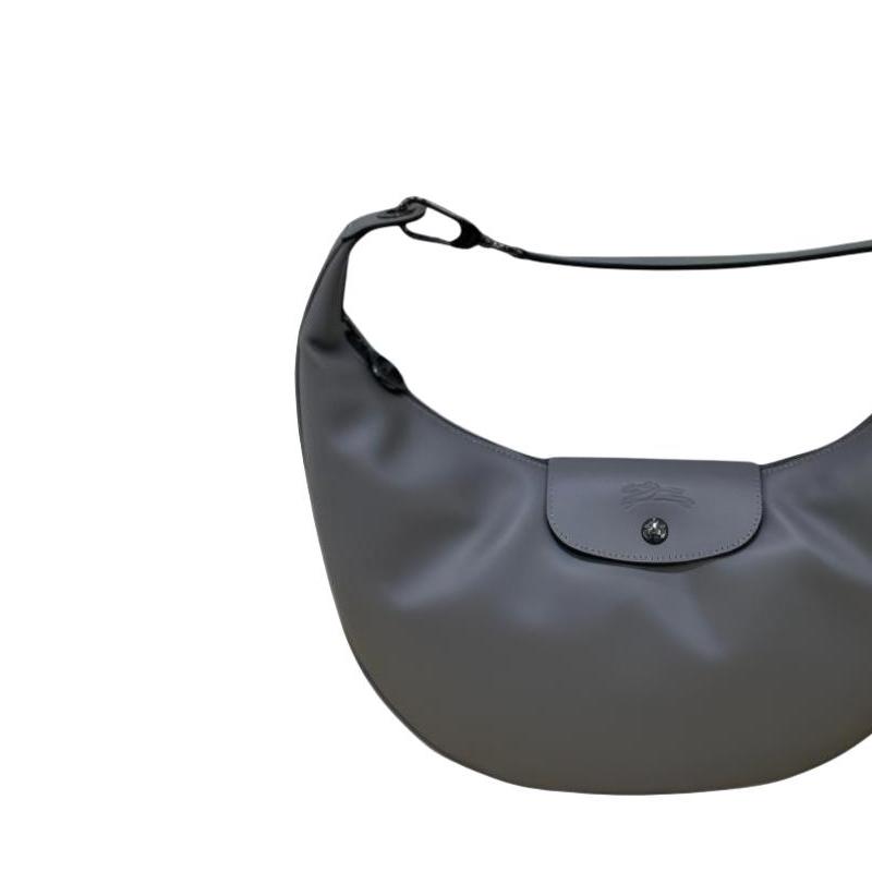 Longchamp Le Pliage Xtra Logo Embossed Detachable Leather Crescent Bag Large Women Shoulder Bag Dove-Gray 10338987P55