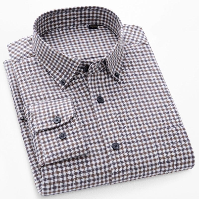 New Pure Cotton Brushed Men Casual Plaid Shirts Long Sleeve Soft Autumn Checked Design Business Male Tops with Pocket