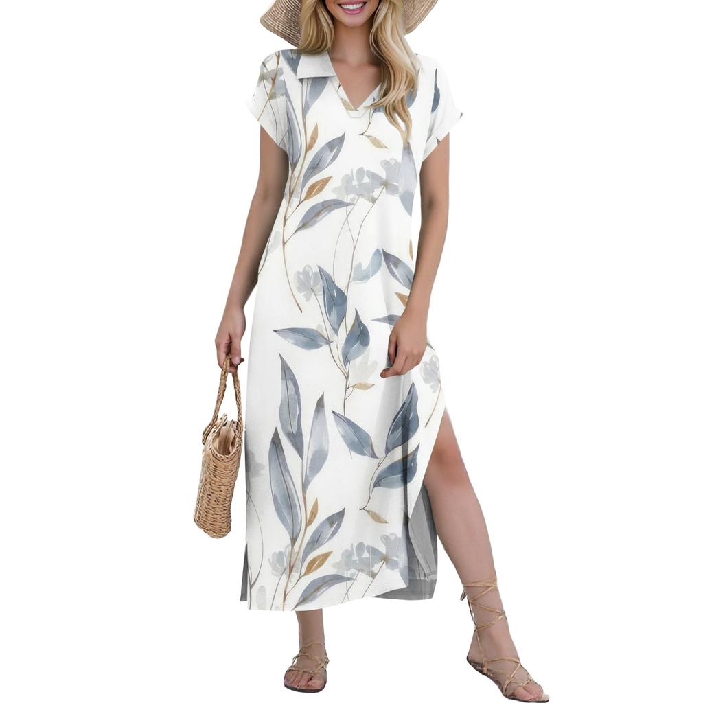 Женские повседневные удобные платья с V-образным вырезом, свободным подолом с разрезом, короткими рукавами, с цветочным принтом, длинные