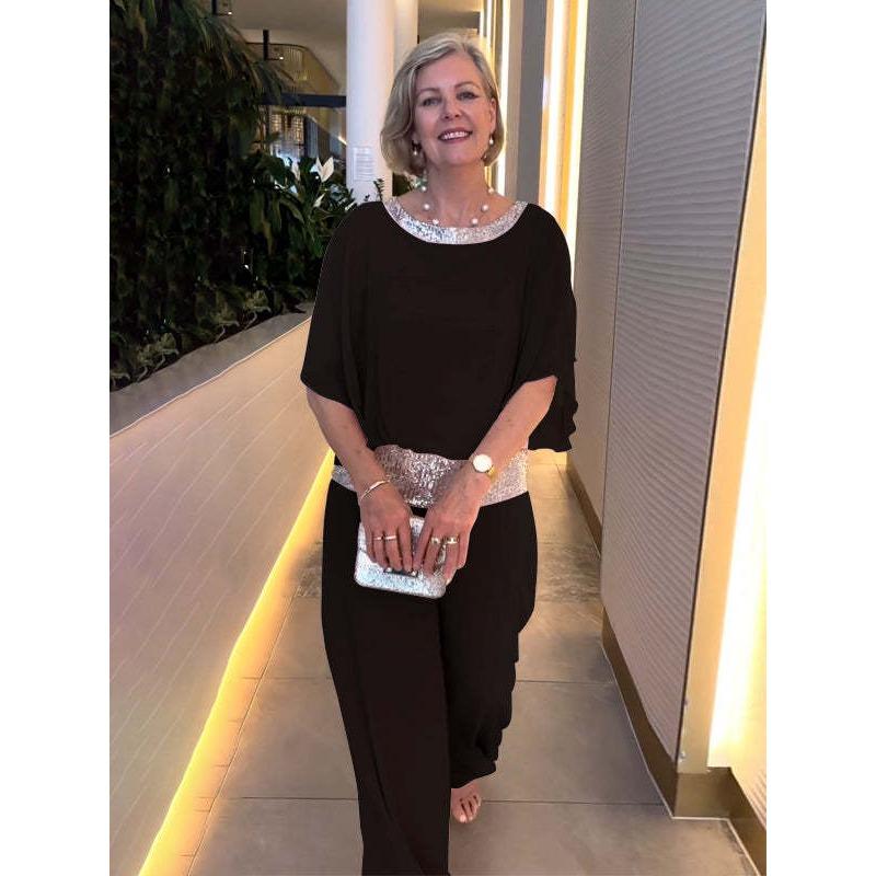 YYFS Women's Fashion Casual Spring Autumn Solid Color Print 1/2 Sleeves O Neck Trousers Pants Suits