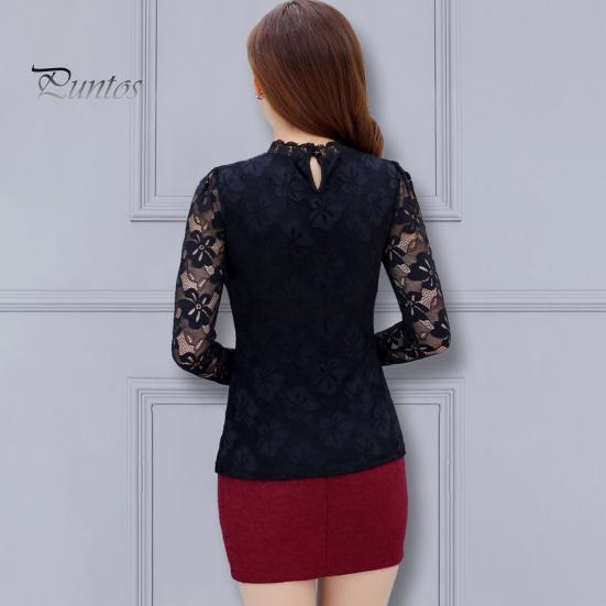 Women Bottoming Tops Stand Collar Long Sleeve Embroidery Lace Floral Pattern Pullover Tops Solid Color Slim Fit Mesh Yarn Tops