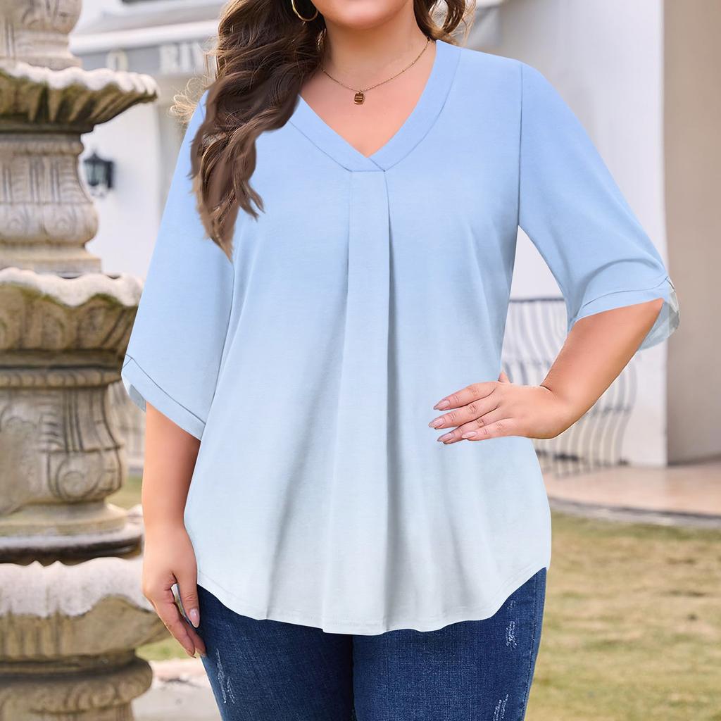 Women's Fashion Large Size Printed V-Neck Three-quarter Sleeve Top