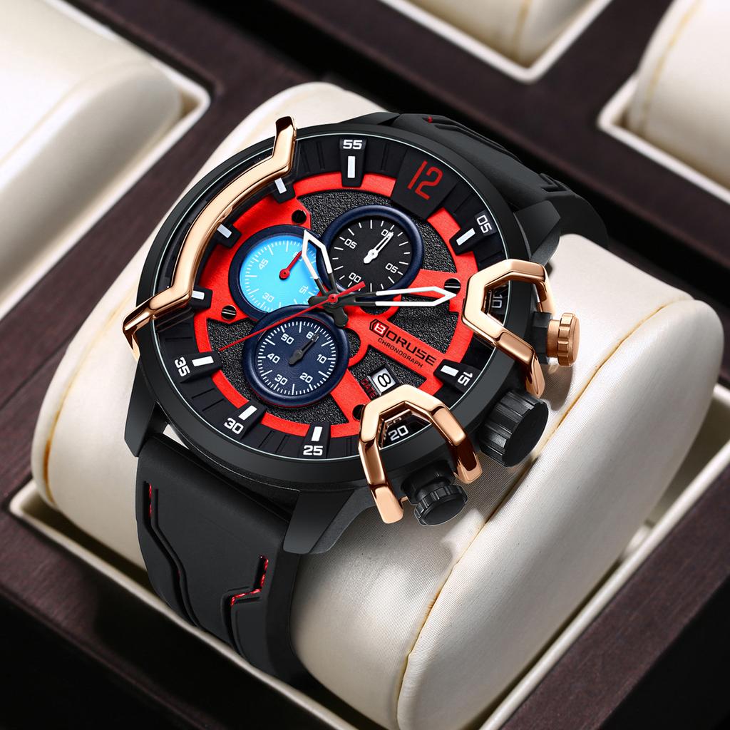 BORUSE Fashion Men's Watch Pointer Quartz Men's Watch Large Dial Men's Watch Calendar Men's Watch Silicone Strap Watch for Men