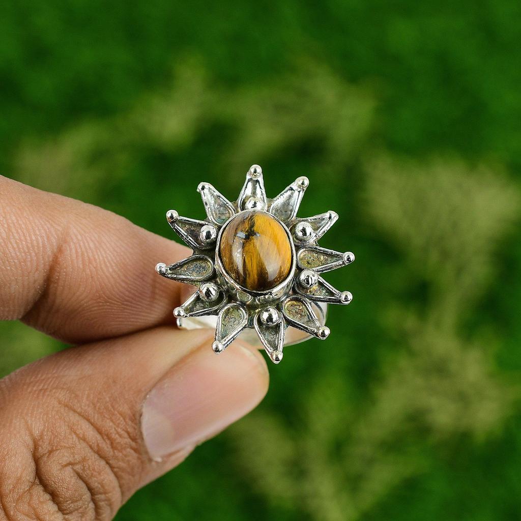 Natural Tiger'S Eye Statement Flower Adjustable Ring 925 Silver For Women