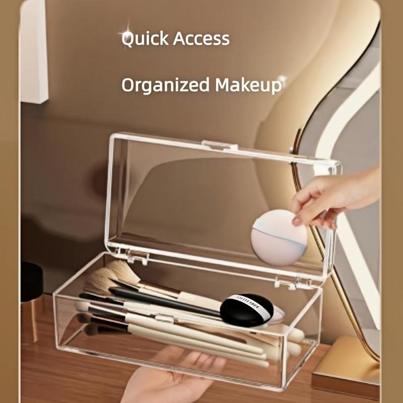 Portable Vanity Cosmetic Storage Box with Lid, Transparent Durable Organizer for Lipstick Eyeshadow Makeup Brushes