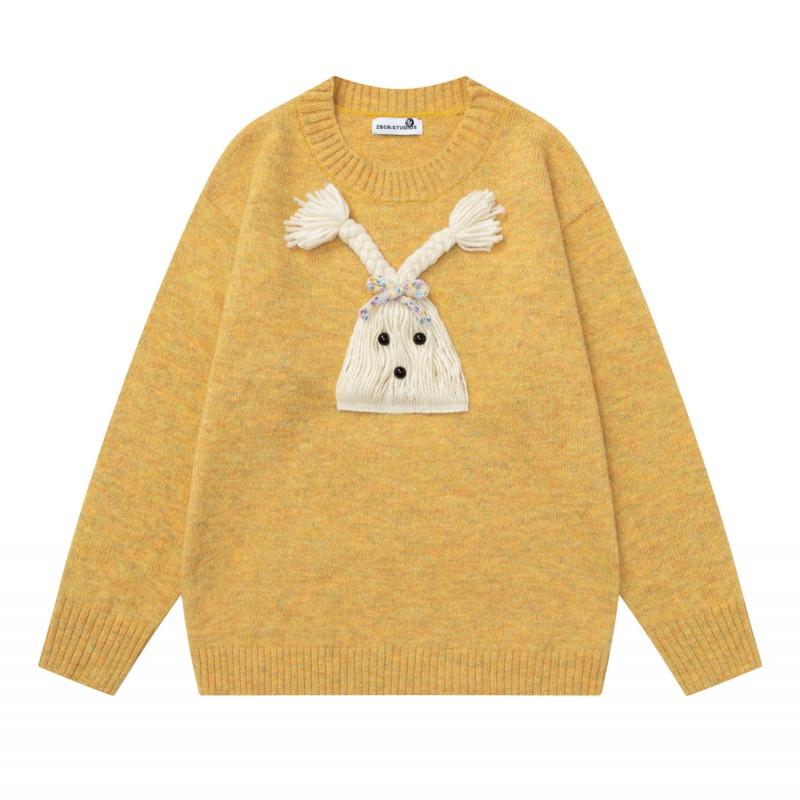 Cute 3D Doll Knit Sweater Braided Tassel Decor Loose Fit Round Neck Unisex