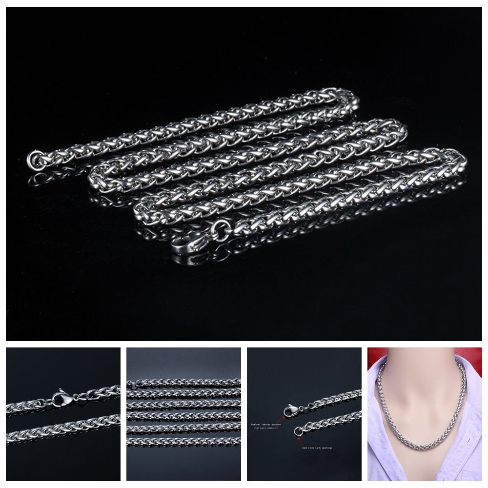 Men Silver Color Cool Choker Metal Collar Stainless Steel Necklace Braided Wheat Chain Heavy Link