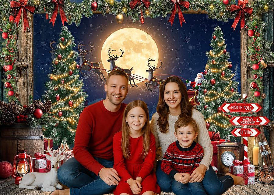 7x5ft Christmas Backdrop Santa Sleigh Reindeer Full Moon Winter Night Scene Backdrop, Xmas Tree Gift Photography Background Banner for