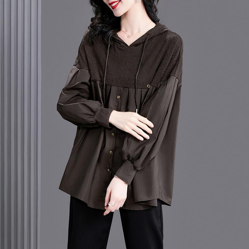 Футболка с капюшоном Splicing для женщин, весна-осень, свободный крой, маленькая рубашка, модный топ в западном стиле с длинными рукавами