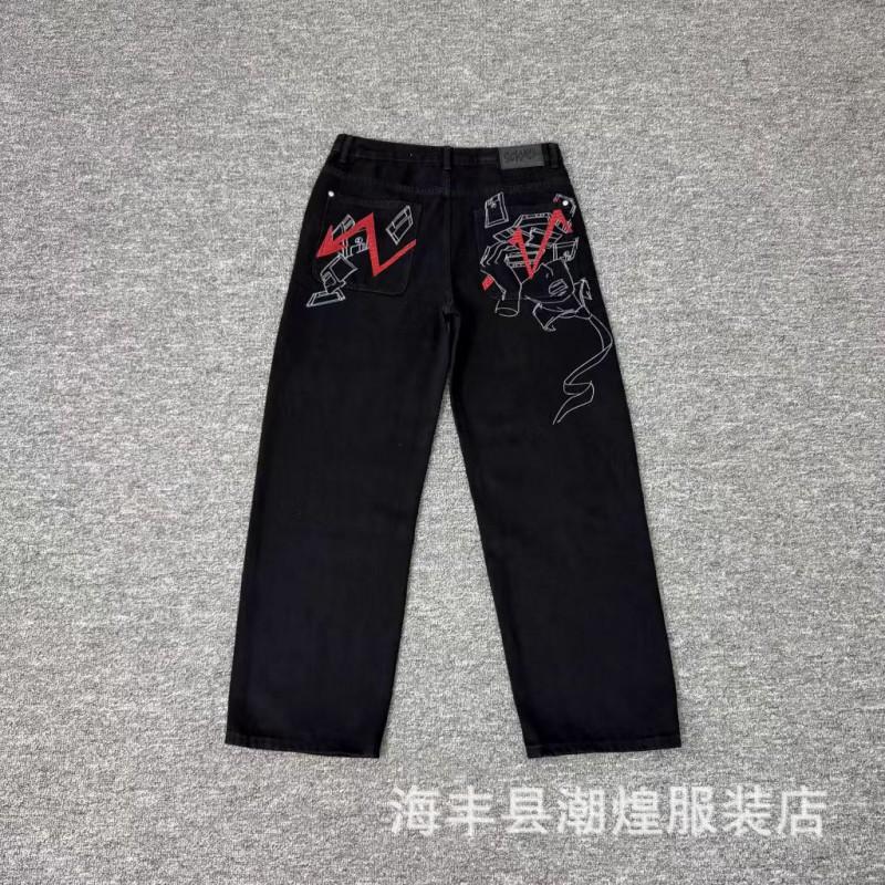 Mens Streetwear Loose Fit Denim Pants With Plum Blossom Embroidery Casual Straight Leg Jeans