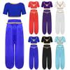 S-XXL Женский костюм для танца живота с V-образным вырезом, коротким рукавом, золотой отделкой, укороченный топ и длинные брюки с пайетками и бахромой, набор из 2 предметов для индийского танца, народного танца
