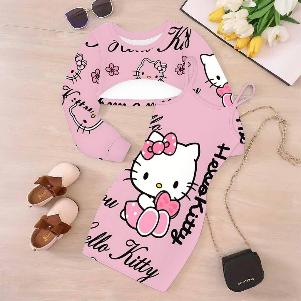 Girls Cartoon 2 Piece Outfits, Long Sleeve Crop Top + Spaghetti Strap Bodycon Dress, Sweet All‑Over Print Party Dress Set