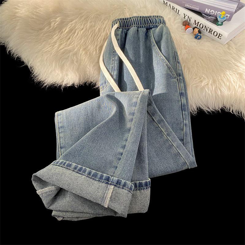 Прямые джинсы унисекс с эластичной резинкой на талии в стиле ретро — модный американский уличный стиль для весны и осени