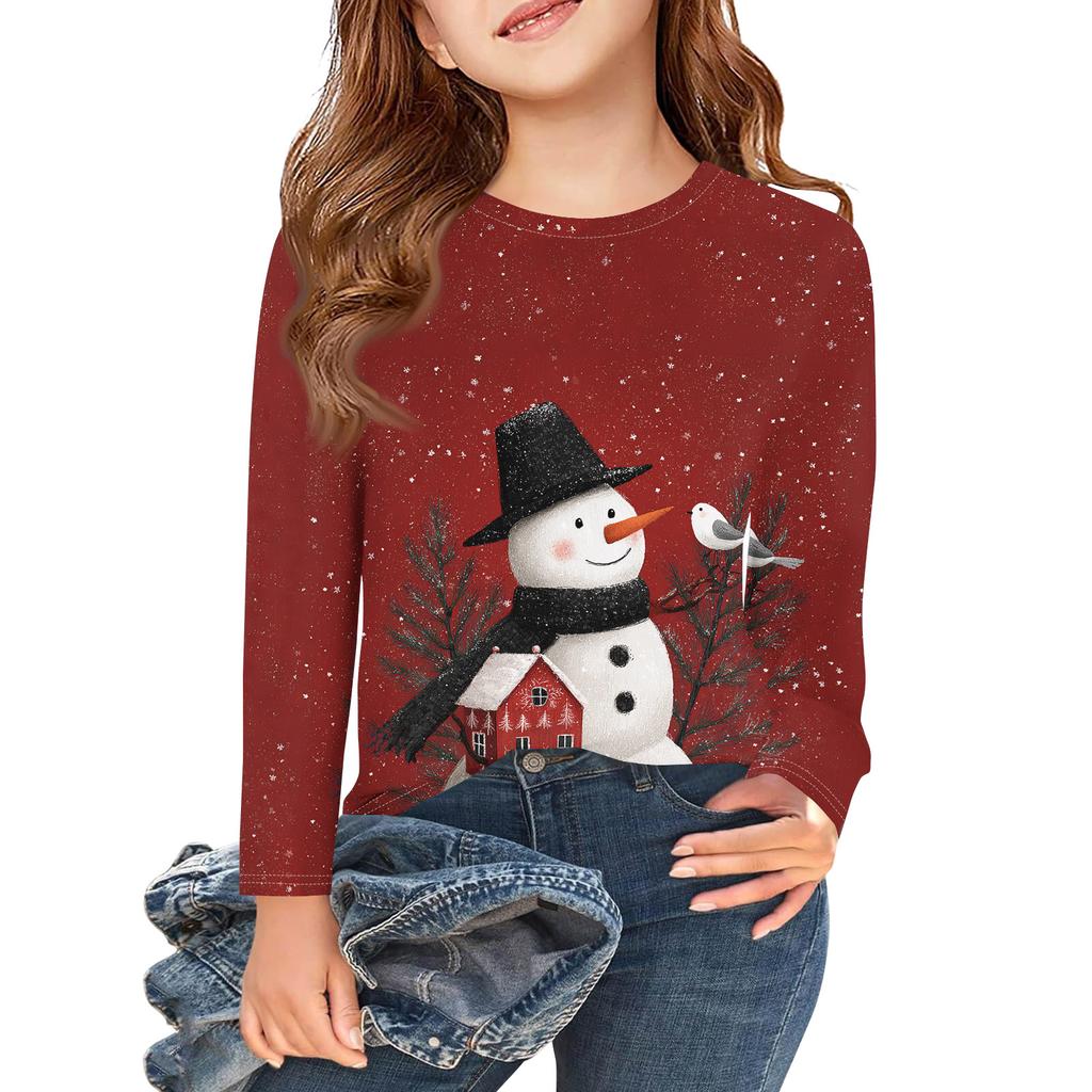 Рождественские футболки с длинным рукавом для девочек, детские осенние топы с круглым вырезом и принтом, базовые футболки