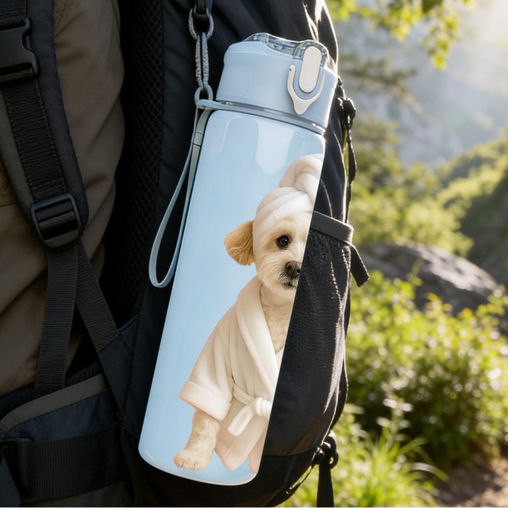 1PC Bathing White Puppy Art 750ml Color Plastic Sports Water Bottle Leakproof Flip Straw Lid Suitable for Sports Office Home Use