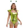 Womens Space Alien Cosplay Costume Fly Sleeve Cutout Briefs Bottom One Piece Bodysuit with PVC Skirt Hair Hoop Headband