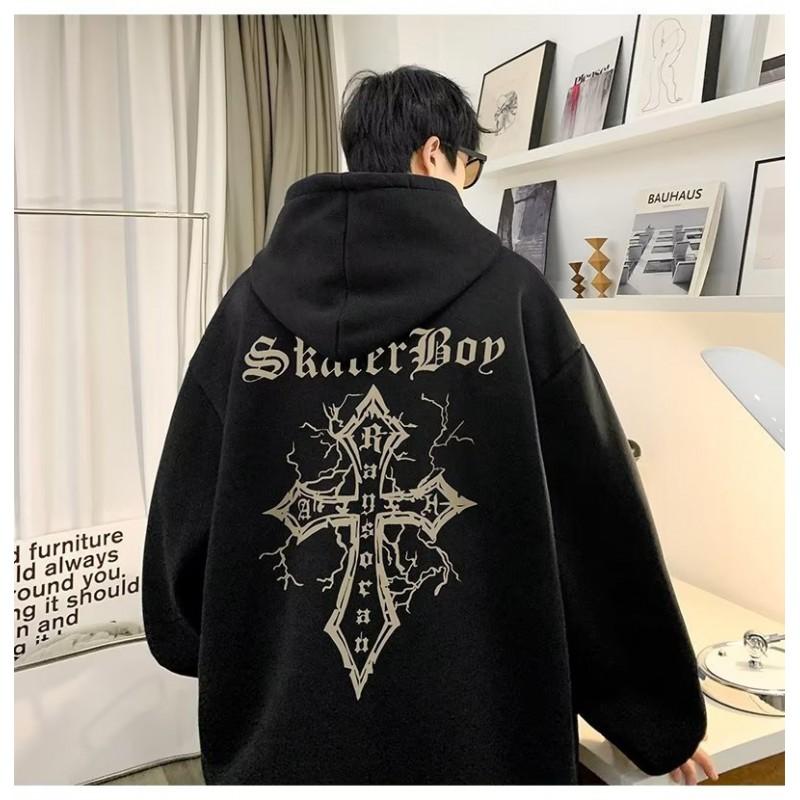 Mens Hoodie Cross Print High Street Trendy American Vintage Loose Fit Casual Sweatshirt