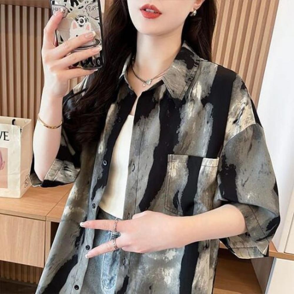 Navava Retro Water Ink Pattern Oversized Short Sleeve Shirt Nb2640