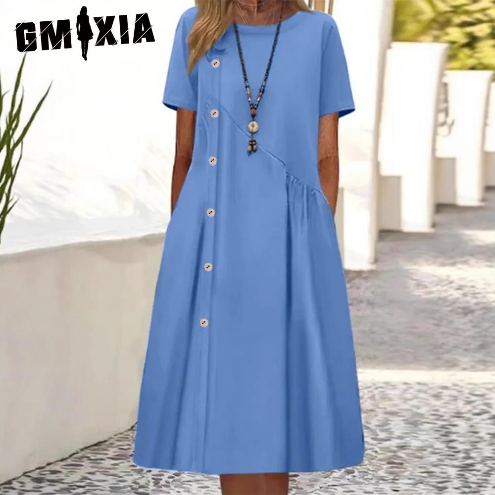 GMXIA Women's Fashion Summer Spring Solid Color Print Short Sleeve O-Neck High Waist Casual Dresses