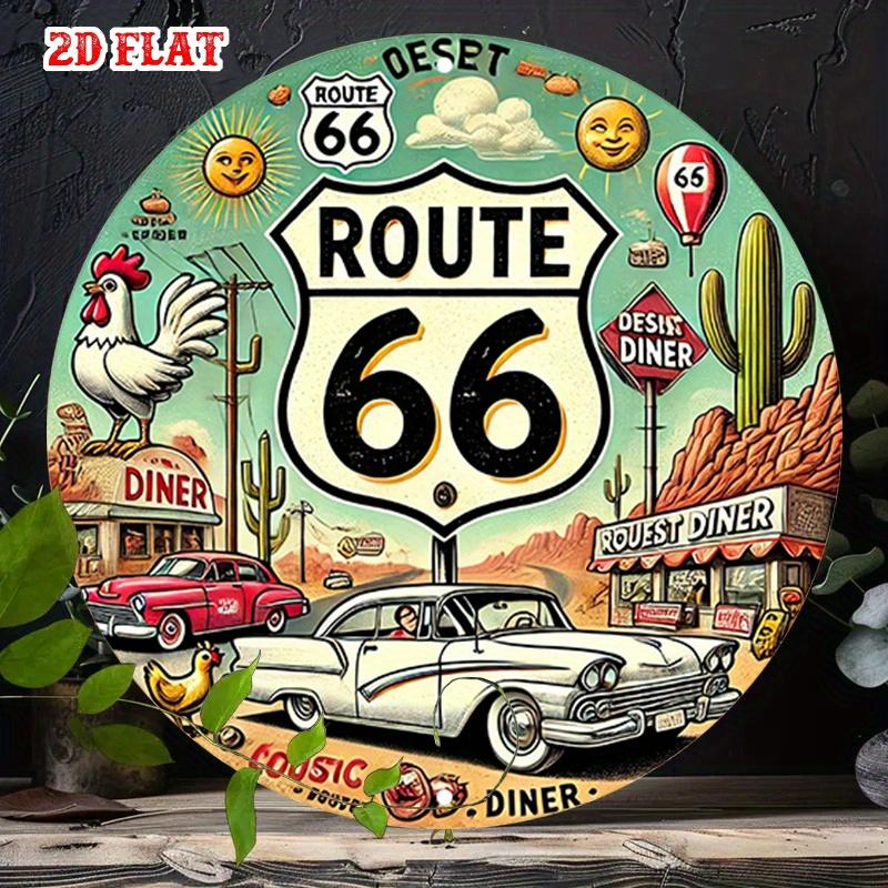 D Flat Metal Sign Route Vintage Retro Diner Classic Car Cactus Desert Round Tin Poster Wall Art for Home Garage Bar Man Cave