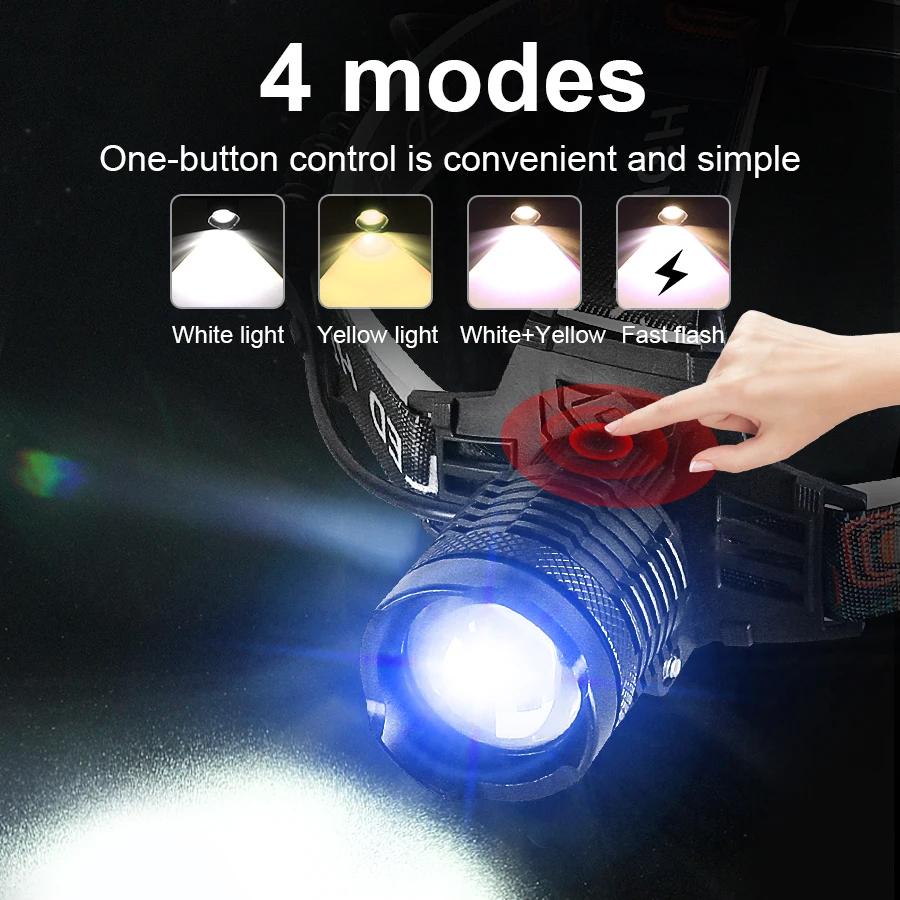 8000LM Powerful Headlamp White/Warm Light Double Wick Led Head Flashlight Long Range Headlight 18650 Rechargeable Head Lantern