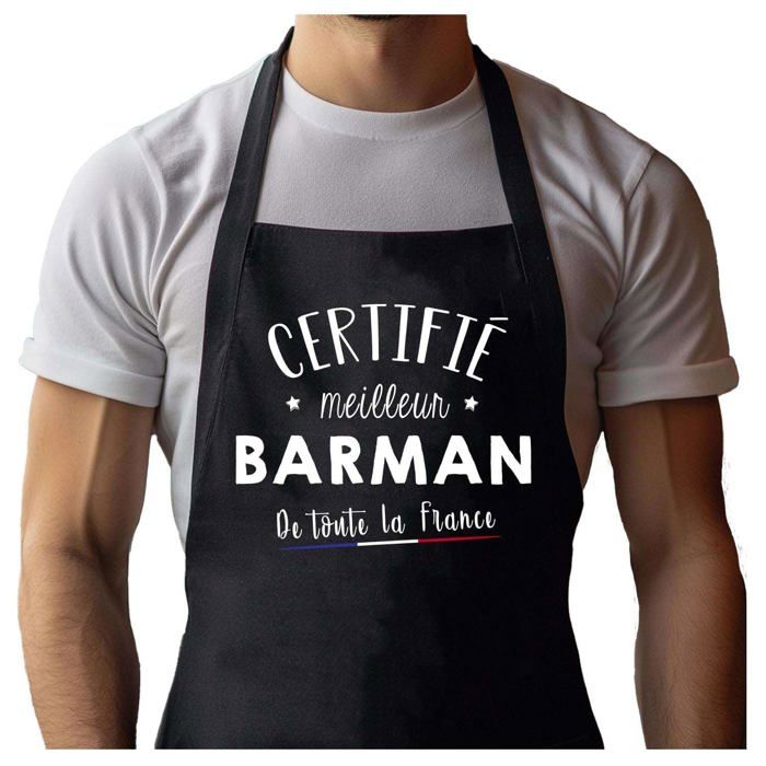 Tablier de cuisine - Barman Certifié Meilleur de France - Noir - Coton résistant - Impression bretonne (France)