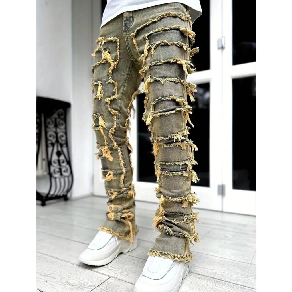GLYDE Casual Distressed Men's Jeans Tassels Patchwork Design Vintage Washed Stretch Denim Pants Straight Fashion Streetwear Trousers