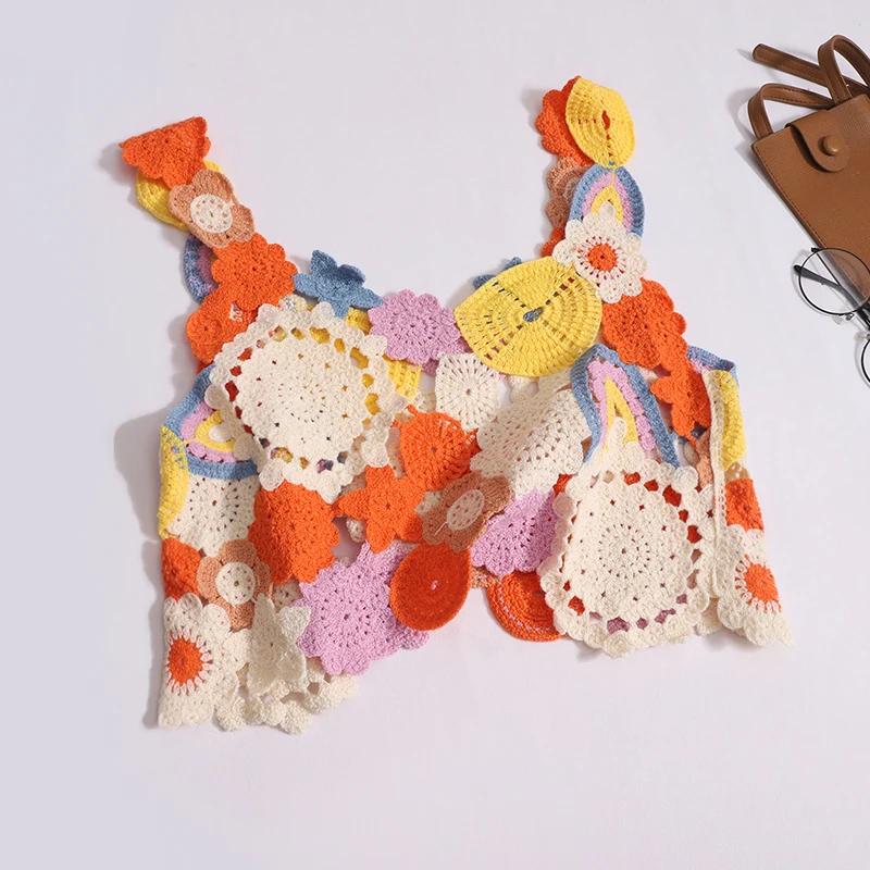 Вышитый цветочный вязаный крючком топ-майка многоцветный ажурный трикотажный укороченный топ-майка женский летний новый наряд Fairycore Cottagecore