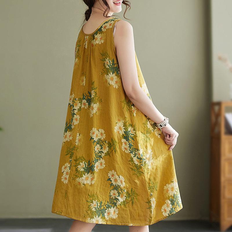 Летнее платье Plus Artistic Loose без рукавов с круглым вырезом и принтом на подтяжках А-силуэта для женщин