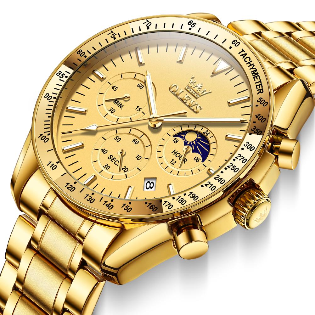 Мужские кварцевые часы с тремя глазами и фазами Луны, водонепроницаемые, светящиеся, с календарем, подходят для повседневного бизнеса