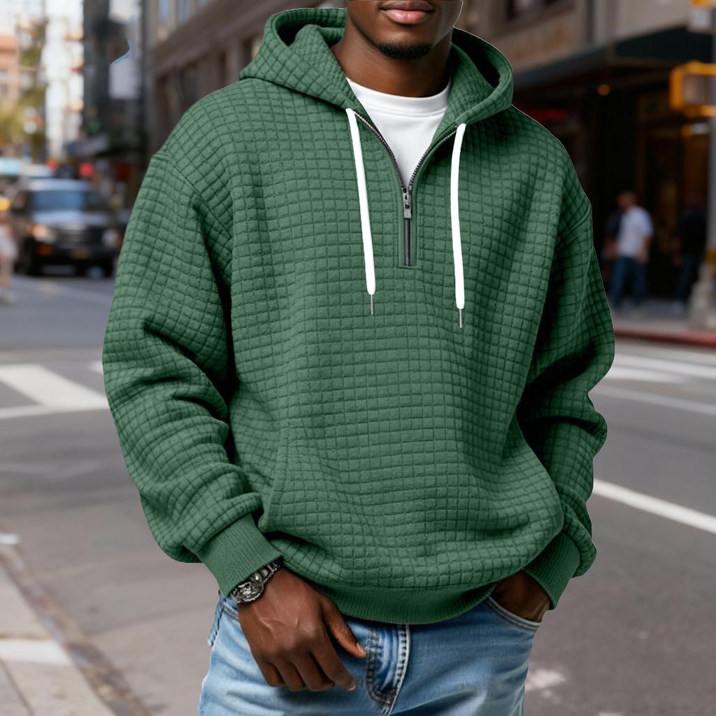 Мужской худи-пуловер в клетку с капюшоном на молнии до середины, со шнурком, повседневная спортивная толстовка