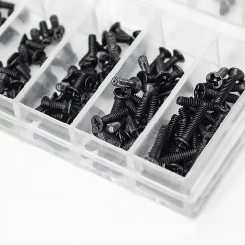 VOXILFE Miniature Screw Assortment Kit, 500 Black Screws, 18 Types of M1.2 / M1.4 / M2.0 Countersunk, Round, and Flat Head Screws for Watches, Eyeglas