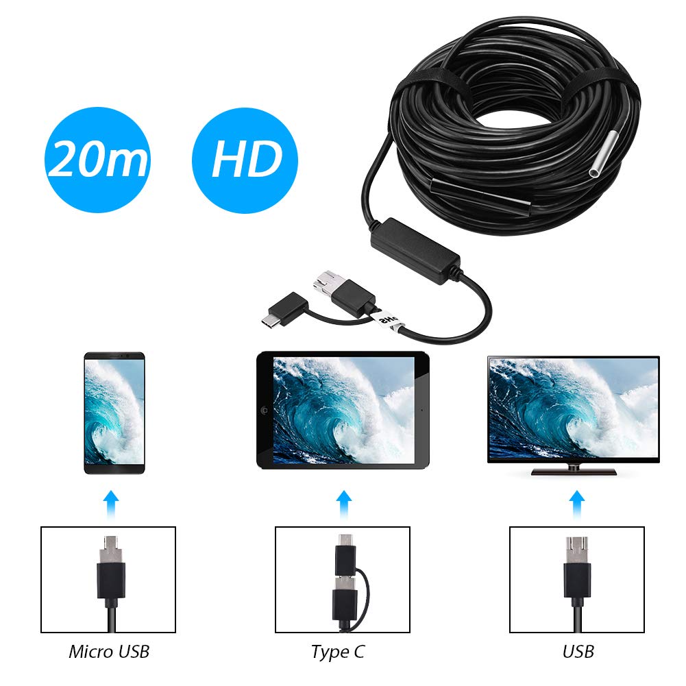 Akozon Водонепроницаемый Эндоскоп Ночного Видения 20 м 720P IP67 Водонепроницаемый USB-Подключение Универсальный Мобильный Телефон ПК Компьютер Смартфон Светодиодная Подсветка 5,5 мм 60°