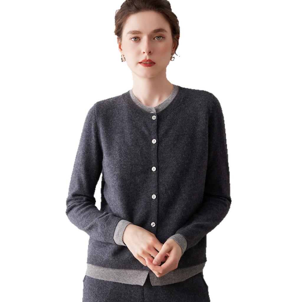 2025 Autumn-Winter Cashmere Color Block Two-Piece Knit Cardigan Sweater