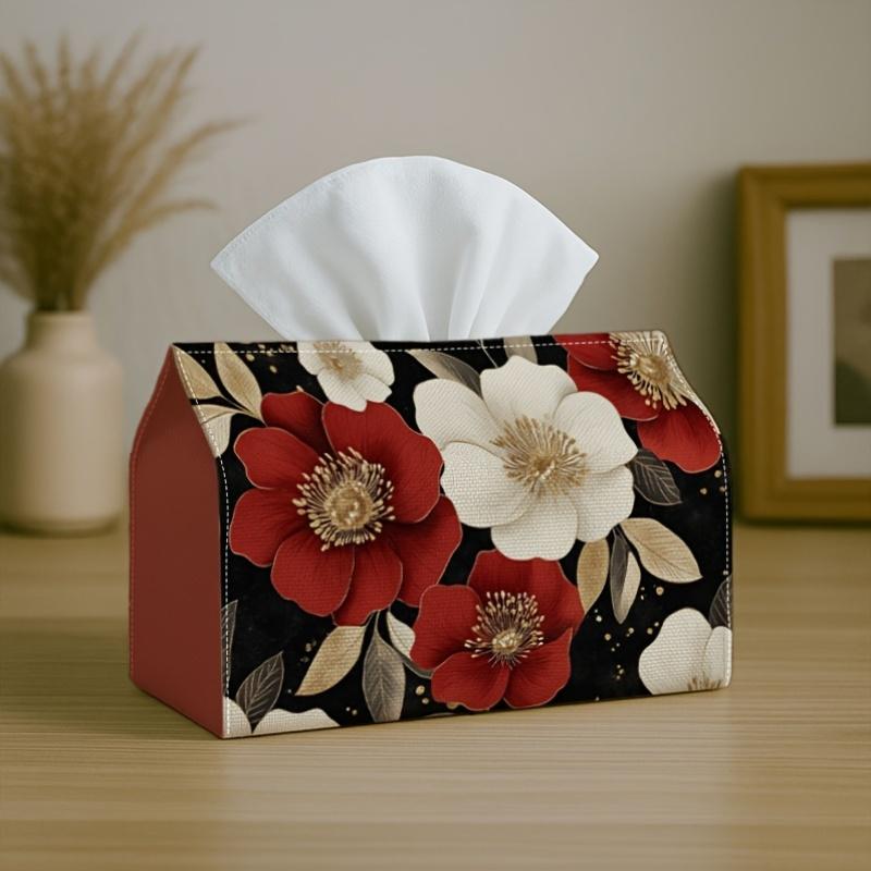 1pc Decorative Vintage Botanical Tissue Box Cover, Floral Blossom Red Ivory High-Quality, Durable, Lightweight, Foldable Storage, Ideal for Living Roo