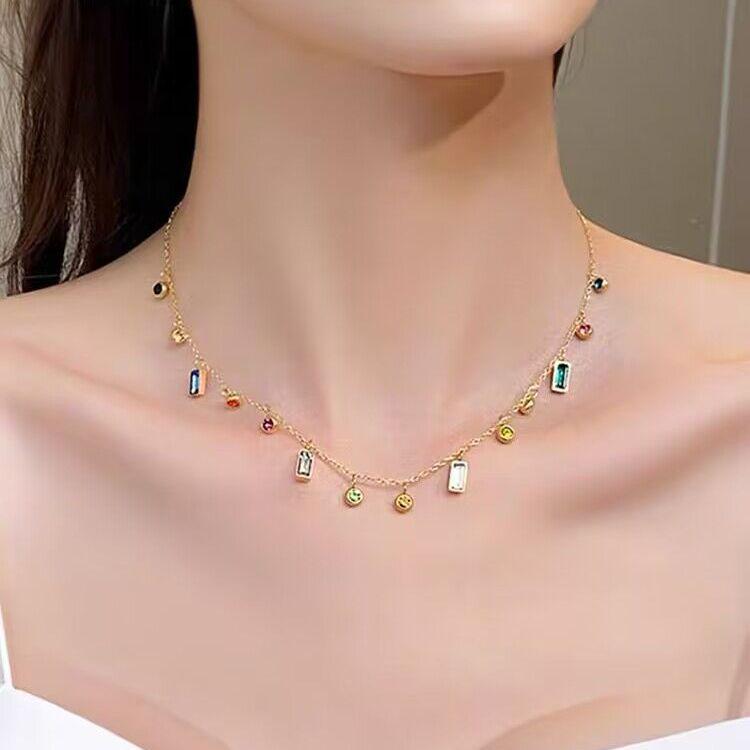 High-End Colorful Zircon Dopamine Necklace: Women's Titanium Steel European & American Style Clavicle Chain, Niche Design, Unique Personality.