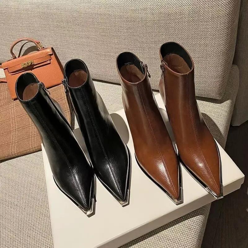 Распродажа женской обуви 2024 года, модные женские ботинки на молнии, зимние, с острым носком, однотонные, короткие, на толстом каблуке, ботинки Botas De Mujer