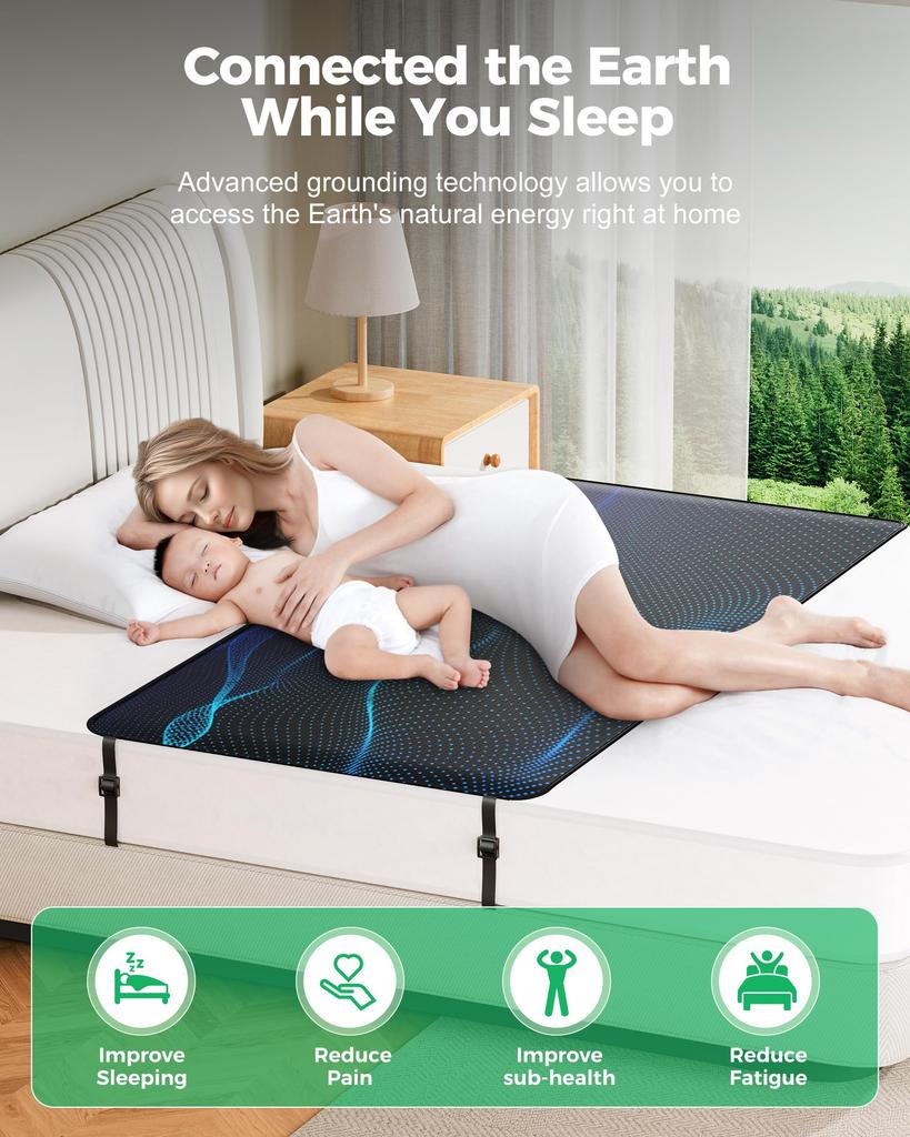 Grounding Mat for Bed, Earth Connected Sheets with Grounding Cord & Tester (Black, Queen)