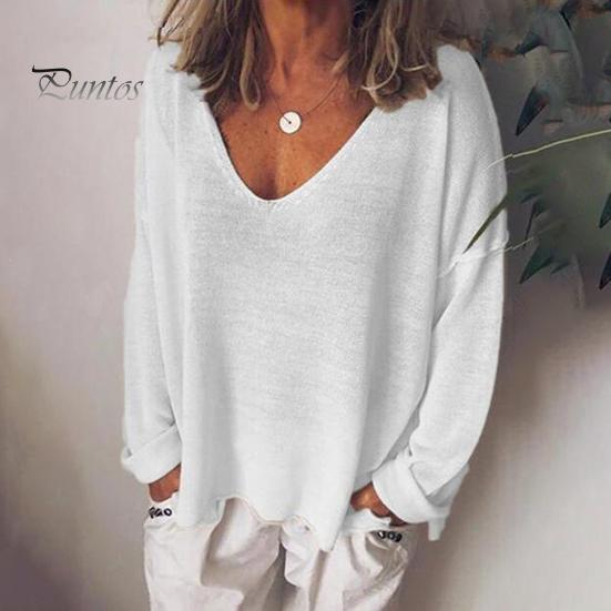 Women T-shirt V-Neck Long Sleeve Loose Fit Tee Shirt Solid Color Breathable Casual Pullover Tops Daily Wear