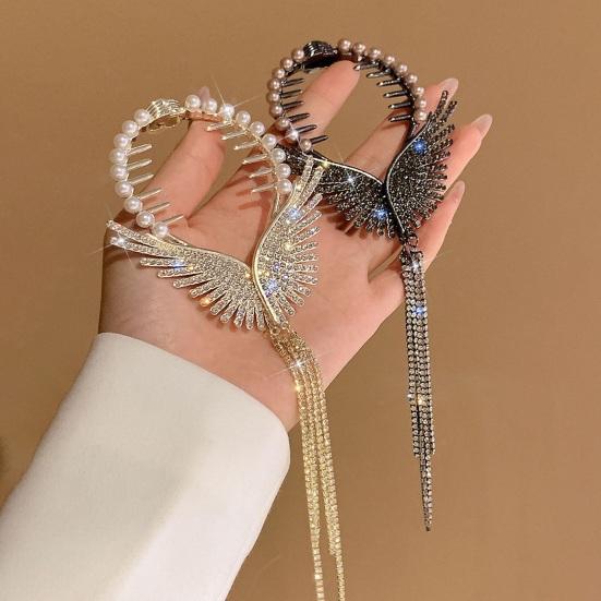 Lady Ponytail Claw Wings Shape Shiny Rhinestone Faux Pearl Long Tassel Multi Teeth Stainless Hair Decoration Lightweight Bridal Hair Bun Hair