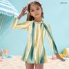 Girls High Neck Long Sleeve One Piece Swimsuit Dark Blue Printed Skirt Hem Front Zipper