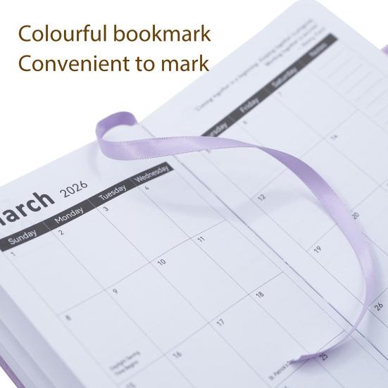 2026 Pocket Planner with Elastic Strap Pen Loop Ribbon Bookmark Weekly Monthly Academic Planner 12 Months Schedule Management Hardcover Notebook