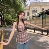 Французский ретро красный топ-труба, клетчатый топ на бретельках для летней женской одежды, уникальный и очень красивый укороченный топ без рукавов