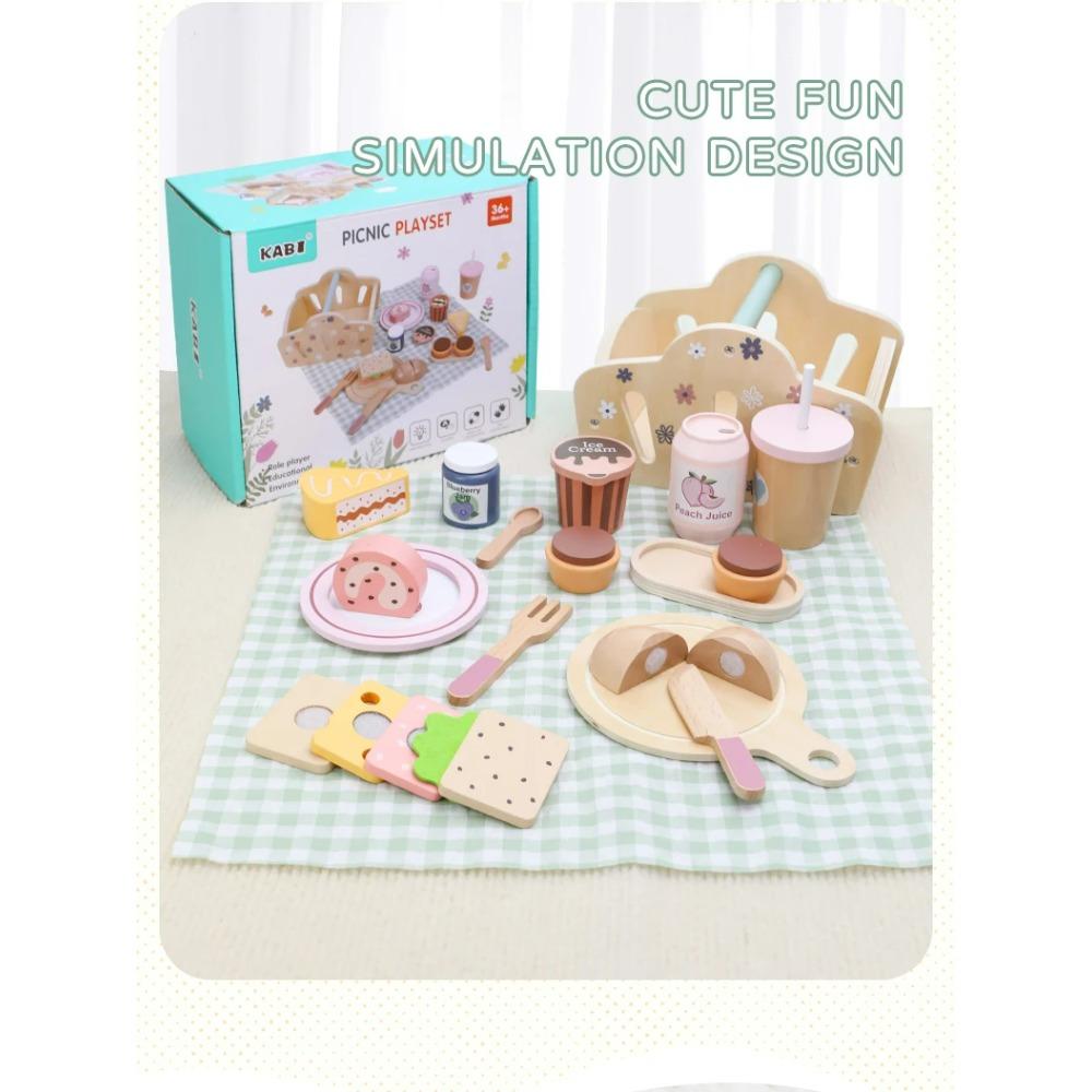 Picnic Basket Hand-held Basket Pretend Play Toys Children's Wooden Simulation Tableware Set Girls' Toys Desserts and Cakes