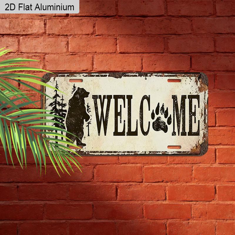 Плоский 2D, 1 шт. Алюминиевая табличка "WELCOME" с изображением медведя и отпечатком лапы, 12''x6'', в стиле деревенской хижины и лесного домика, для декора стен и автомобиля, для прихожей, крыльца, домика у озера