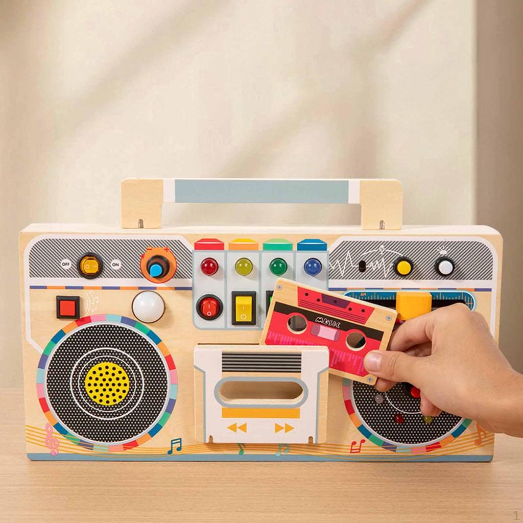 Kids Busy Board with Light Led,Switches,Music,Toddler Early Development Wooden Radio Sensory Toy